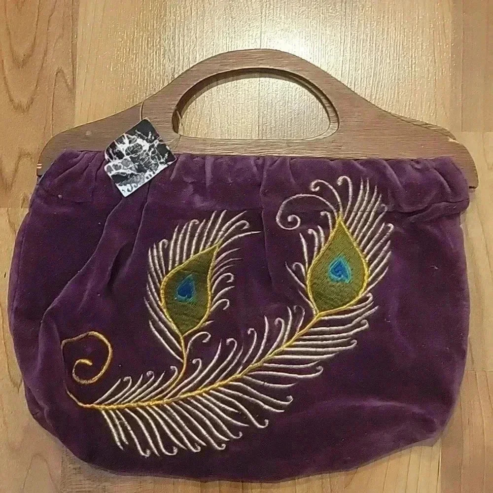 Peacock Novelty Clutch Bag Purple Turquoise Wooden Handle Vintage NWT